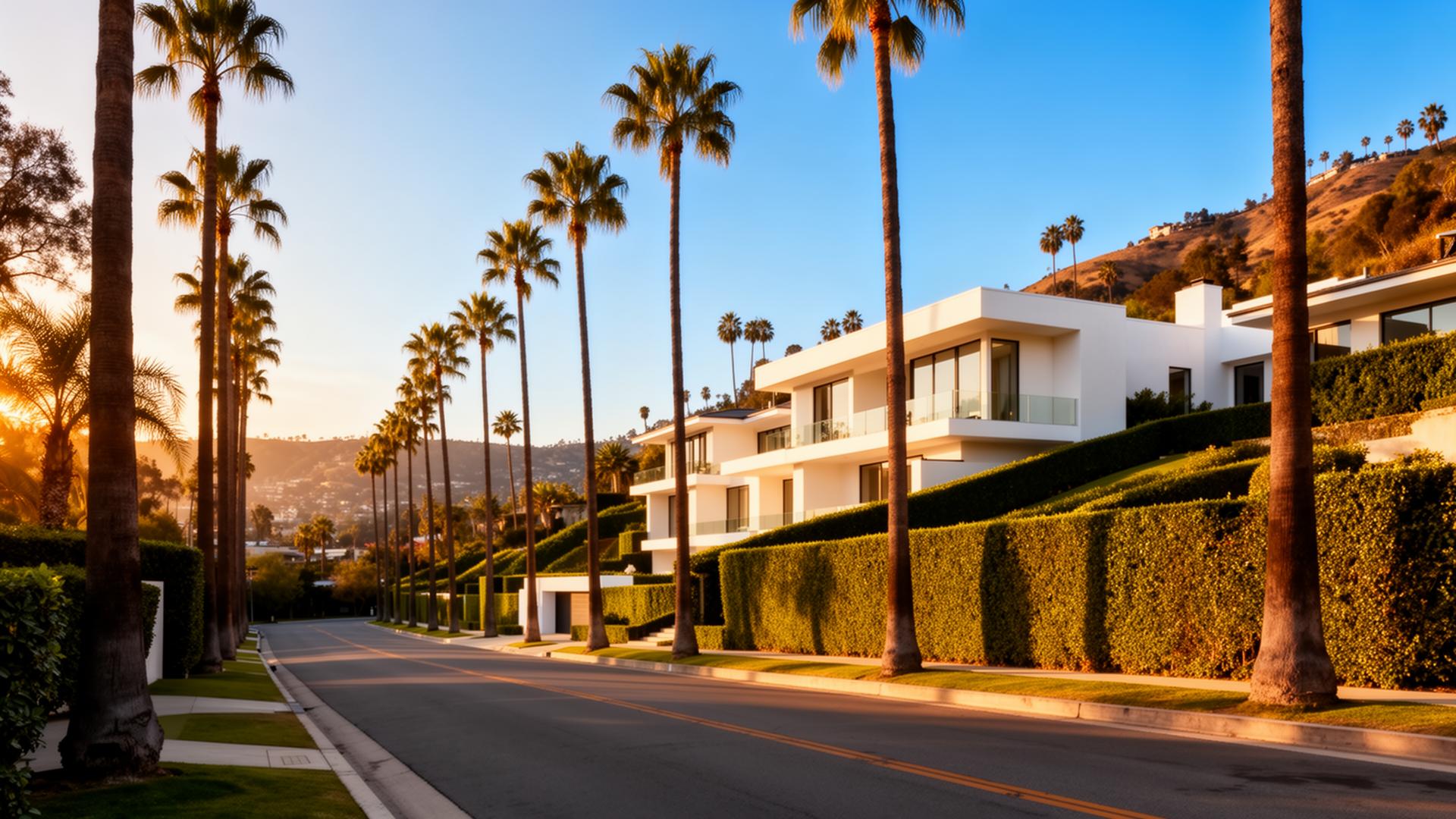 Palm-lined residential street in Encino at golden hour