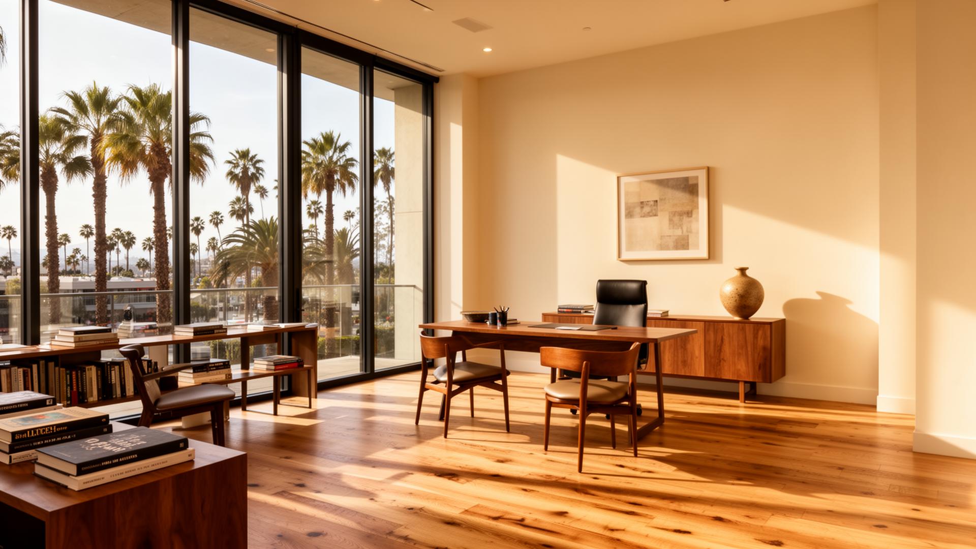 Sunlit modern advisory office interior with palm trees outside