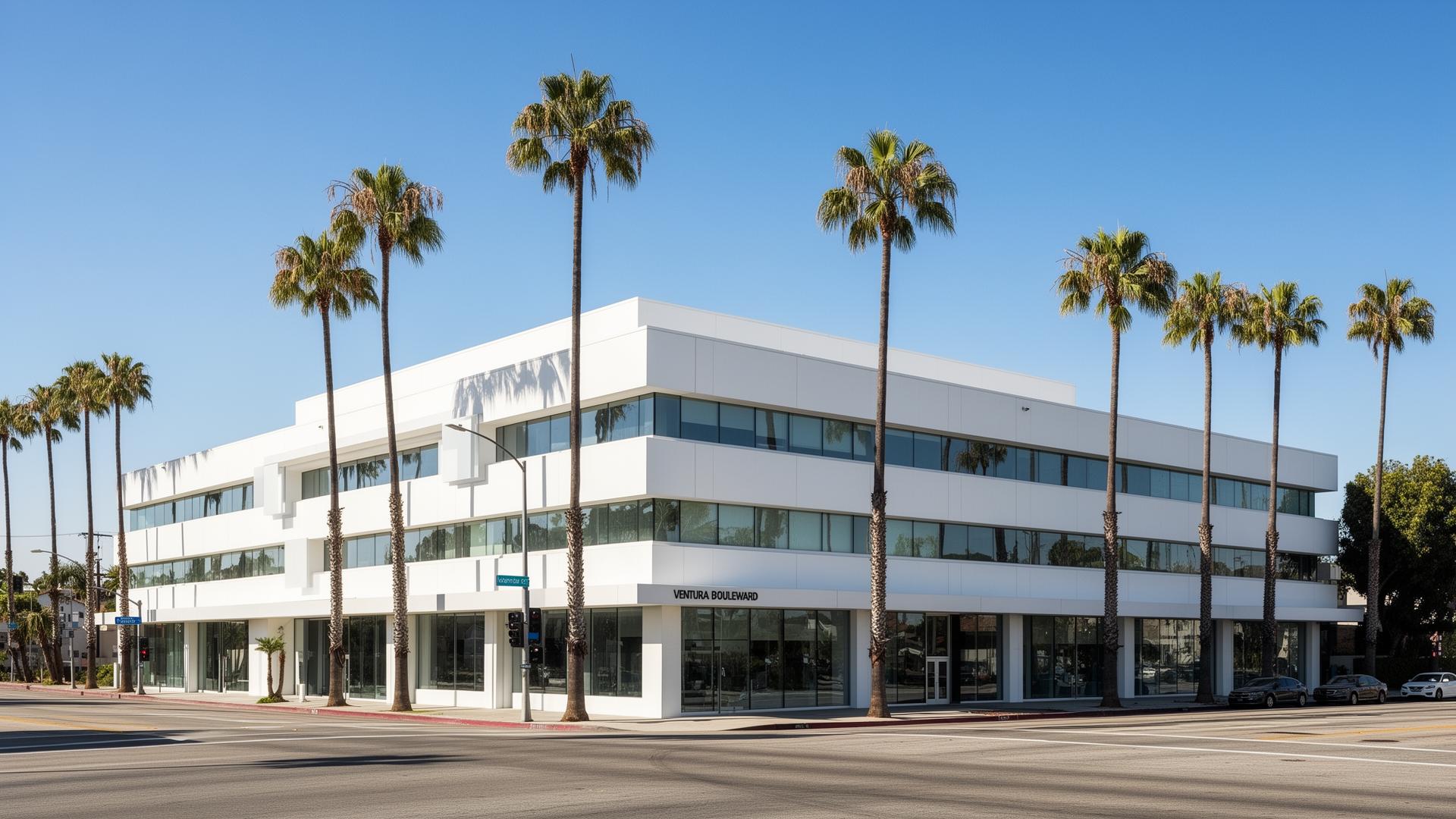 Modern white office building on Ventura Boulevard, Encino
